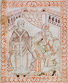 Der mythische Ursprung des Gregorianischen Chorals; Inspiriert vom Hl. Geist diktiert Papst Gregor der Große (590-604) einem Schreiber seine liturgischen Gesänge (St. Gallen, Stiftsbibliothek, Cod. Sang. 390, p. 13 (sog. Hartker-Antiphonar, um 990-1000)
